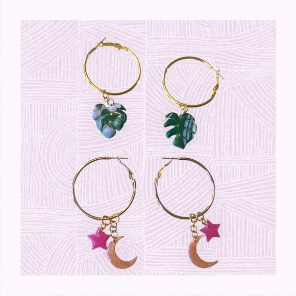 Pink and Gold Handmade Celestial Earrings - Hypoallergenic Moon and Star Hoops - Picture 4 of 4